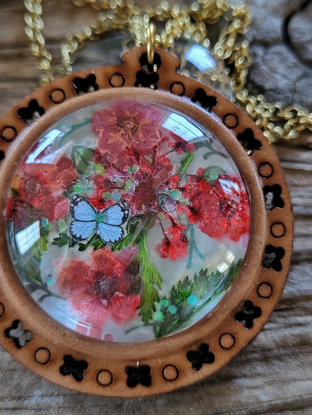 Red Floral Glass Dome Pendant Necklace - Butterfly Detail